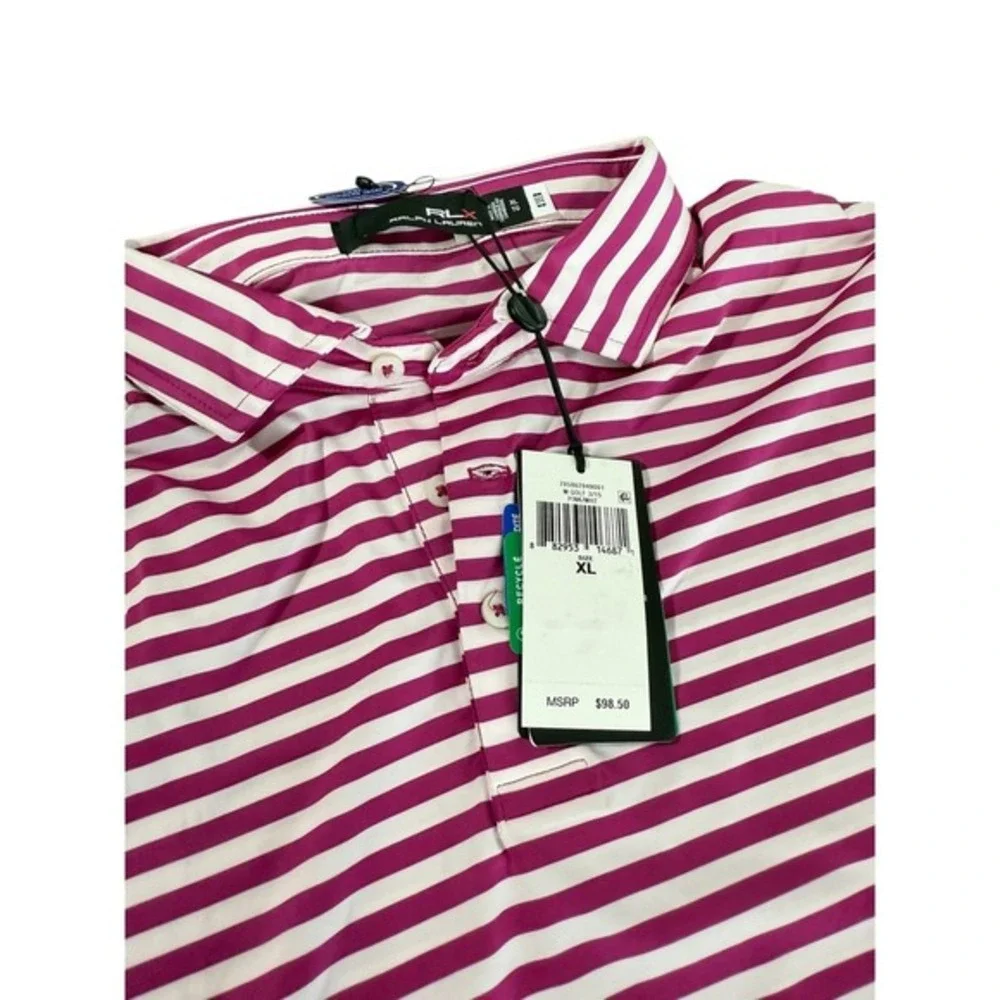 NEW RLX Ralph Lauren Mens XL Golf Performance Moisture Wicking Pink White Stripe